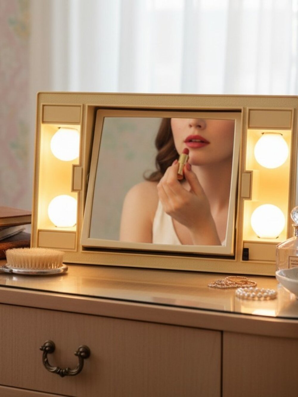 Retro 60s Light Up Marquee Bulb Travel Makeup Vanity Mirror Gold Tilt Electric